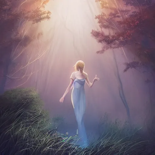 Image similar to taylor swift holding her hand out for you, long hair with bangs, Crystal clear blue eyes, wide-shot, mystical, sun flairs, beautiful fog lit forest backround, oil colors, watery lake, elegant, sharp focus, cute face, Hyper-realistic, Highly Detailed, HD, Dramatic Lighting by Brom, by beeple, studio ghibli, wallpaper, highly detailed, trending on artstation