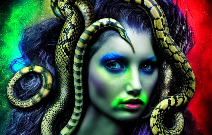 Prompt: dark mythology medusa, psycho stupid fuck it insane, looks like snakes but cant seem to confirm, cinematic lighting, psychedelic photoluminescence experience, various refining methods, micro macro autofocus, ultra definition, award winning photo, to hell with you, devianart craze, photograph taken by michael komarck