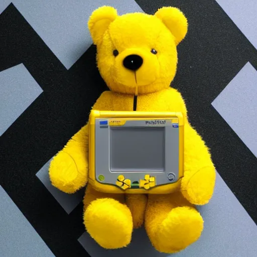 Prompt: Cute yellow teddy bear holding a Game Boy in its paws, playing Tetris.