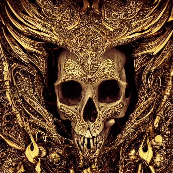 Image similar to photo portrait portrait of skull of wolf, lying on bones, dramatic lighting, golden ornaments, symmetric, intricate skeletal decorations, symmetry, highly detailed, concept art, black, red, white, gold layers, super moon, style of nekroxiii, hyperrealistic