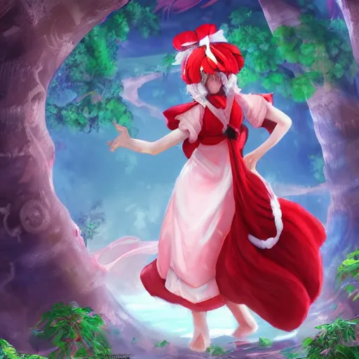 Image similar to a imaginefx artstation of reimu in the jungle wearing bonnet