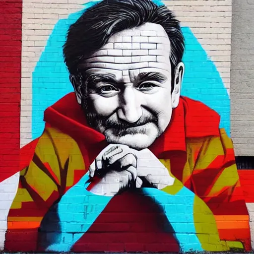 Image similar to robin williams street art mural by amanda stubbs x sachin teng x supreme : 1 high contrast, hard edges, matte painting, geometric shapes, masterpiece : 1