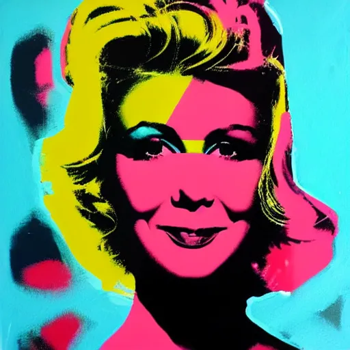 Image similar to olivia newton john from film grease artistic acrylic painting in the style of andy warhol