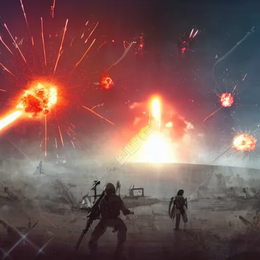 Image similar to science - fiction futuristic apocalyptic war scene with explosions