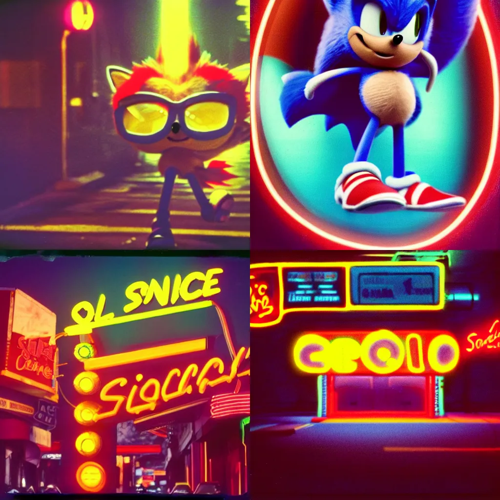 Prompt: 8 0 s polaroid photo of sonic the hedgehog, cinema still from movie, watching night streets, neon signs, colorful haze, americana, high production value, 8 k resolution, hyperrealistic, photorealistic, high definition, high details, tehnicolor, award - winning photography, masterpiece, amazing colors