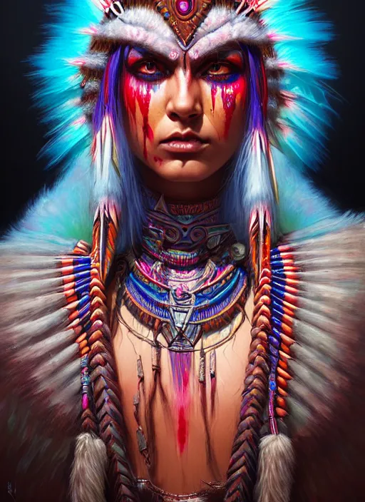 Image similar to hyper detailed ultra sharp cherokee shaman warrior trance girl. trending on artstation, warpaint aesthetic, bloodwave, colorful, psychedelic, ornate, intricate, digital painting, concept art, smooth, sharp focus, illustration, art by artgerm and greg rutkowski and h. r. giger, 8 k