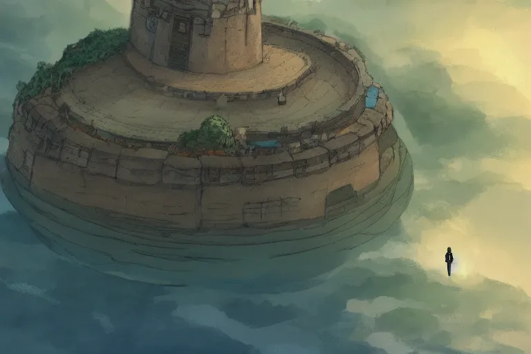 Prompt: a land outside of time and space with floating sands and flying beasts with a Fort in the middle and water tunnels below, a man standing watching over, by studio ghibli, environment art