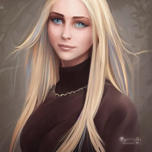 Image similar to portrait, 30 years old women :: fantasy :: blue eyes, long straight blonde hair, beeing happy, smiling :: attractive, symmetric face :: brown medieval cloting, natural materials :: high detail, digital art, RPG, concept art, illustration