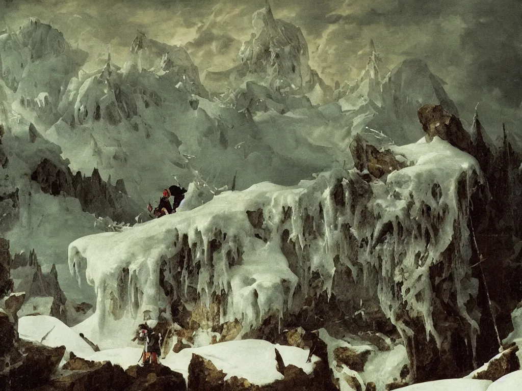 Image similar to Close up of a dreamy man, frozen, with icicles in his beard. Landscape with snowstorm, forlorn rocks, icicles, crooked forest, dark clouds, snowcapped mountains in the background. Painting by Lorenzo Lotto.