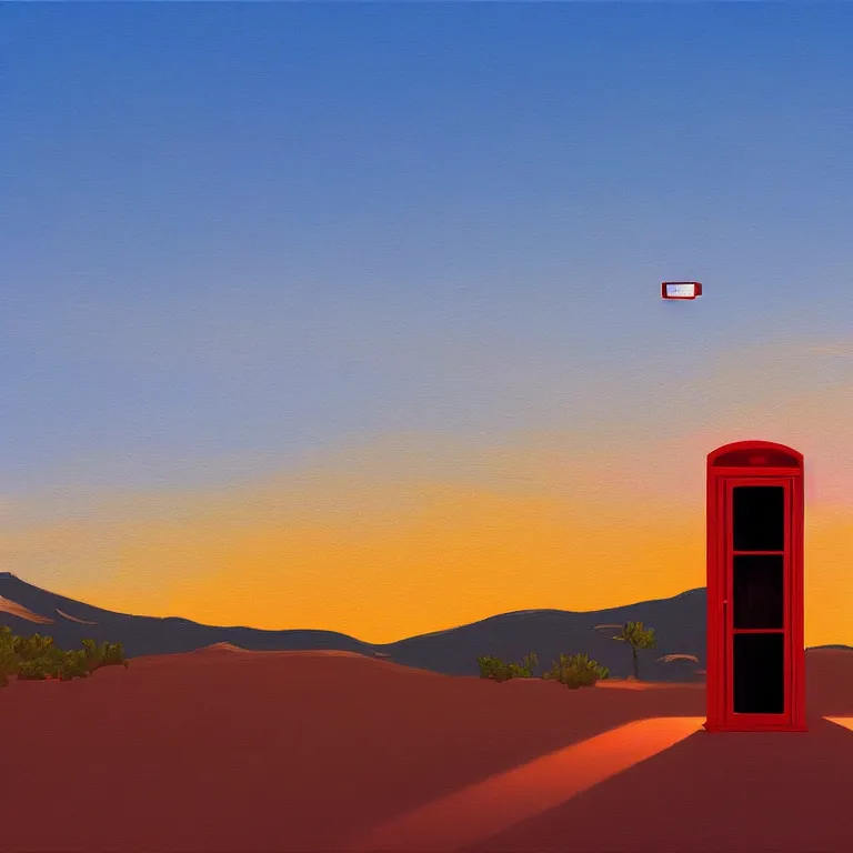 Image similar to phonebooth in a desert, sunset, painted by Edward Hopper, painted by James Gilleard, airbrush