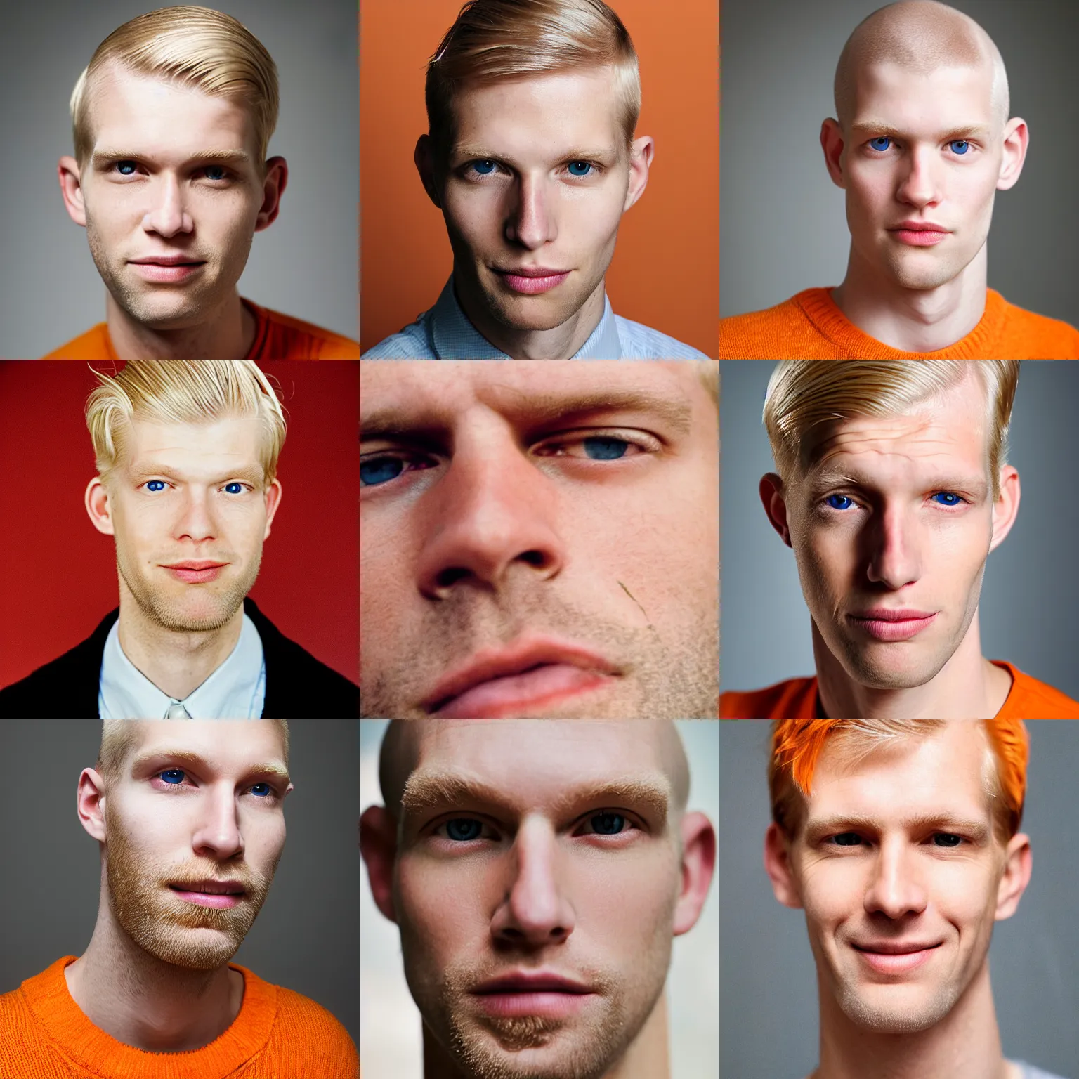 Prompt: close-up portrait of a tall thin blond man late-twenties with a square face and shaved head and squinty eyes and an orange-blond beard and rosy cheeks.