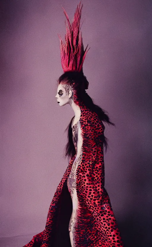 Image similar to fashion photography of a woman wearing a dress inspired by a dragon fruit, artistic photography, insanely detailed, chiaroscuro, cinestill 8 0 0 t, vogue magazine