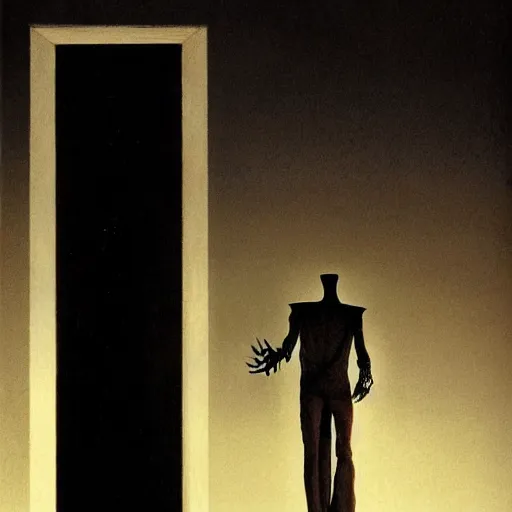 Image similar to the spooky horrific tall man with no face, from the closet, moonlight, bedroom, horror, mystery, spooky, paranormal monster, photorealism, dramatic lighting, by wayne barlowe