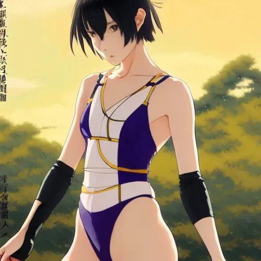 Prompt: a beautiful boyish cassandra cain natalie portman alluring gravure model, wearing elegant japanese hiphop leotard outfit with subtle mayan patterns and native fashion, aztec street fashion bathing suit, jrpg fashion, gapmoe yandere grimdark, trending on pixiv fanbox, painted by greg rutkowski makoto shinkai takashi takeuchi studio ghibli, akihiko yoshida