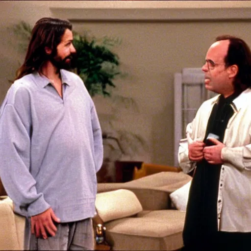 Prompt: Photo still of Jesus Christ in 1990s clothing talking with George Costanza in Jerry Seinfeld's apartment, in the style of the TV show Seinfeld (1994)