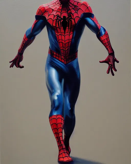 Prompt: hybrid of a bulky stealth suit and spider - man, photorealistic oil painting, hyperdetailed, realistic