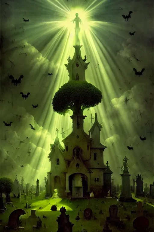 Image similar to hieronymus bosch, greg rutkowski, anna podedworna, painting of the broccoli, god rays, wide shot of a graveyard lit by spooky green lights