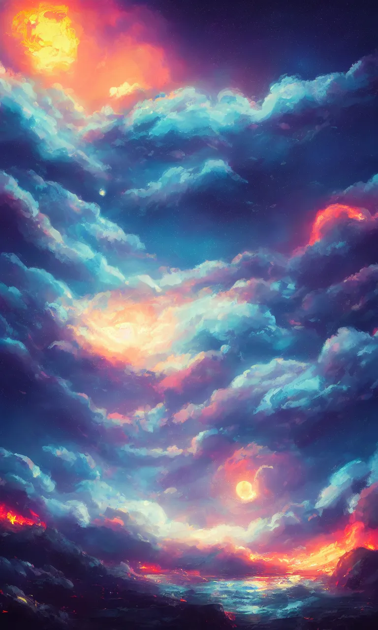 Image similar to a beautiful painting of fire sea, starry sky, moon, cloud, by liam wong and yuumei and yanjun chen, trending on artstation