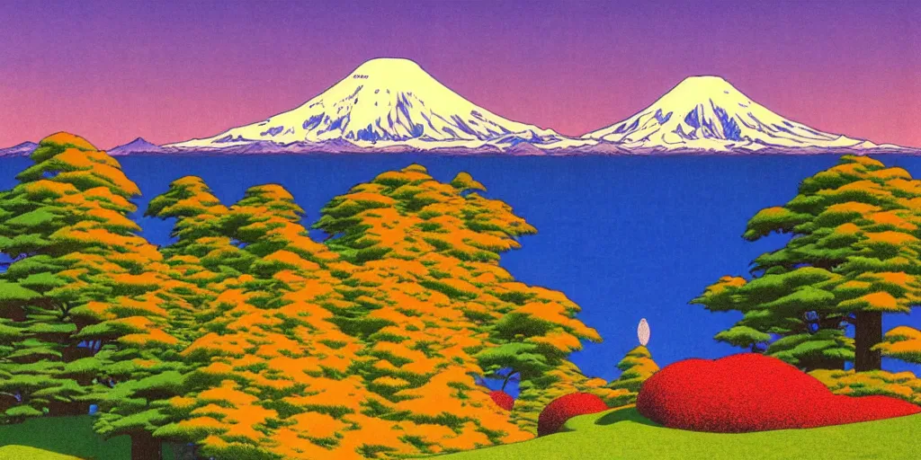 Image similar to seattle with mount rainier in the background, acid and dreaming psychedelic hallucinations, by kawase hasui, moebius and edward hopper, colorful flat surreal design, hd, 8 k, artstation