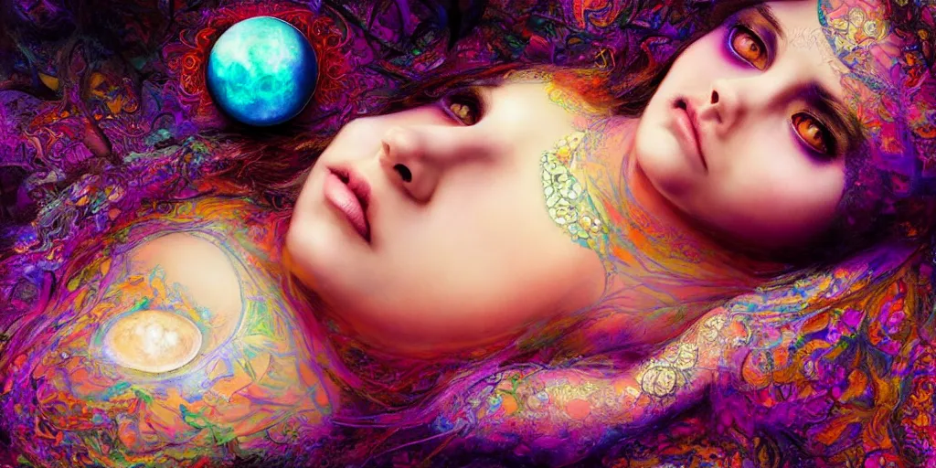 Image similar to detailed portrait of an ethereal gypsy woman laying down with big eyes, glowing face, crystal ball, half moon, photorealistic, colorful dress, in the style of ruan jia, karol bak, holographic undertones, art nouveau, moon phases, mosaic forest background, intricate, smooth, sharp focus, dramatic lighting, illustration, hdr, artgerm