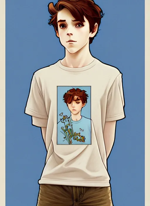 Image similar to art nouveau portrait of a teen boy with completely straight auburn hair, light blue eyes, pale skin, freckles, sad expression, t - shirt, modern casual clothing, natural lighting, path traced, highly detailed, high quality, cartoon, digital painting, by don bluth and ross tran and studio ghibli and alphonse mucha