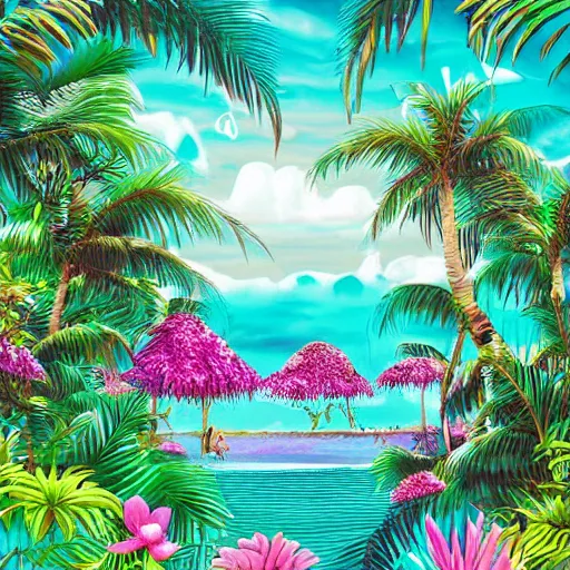 Prompt: vaporwave jungle on nebula beach