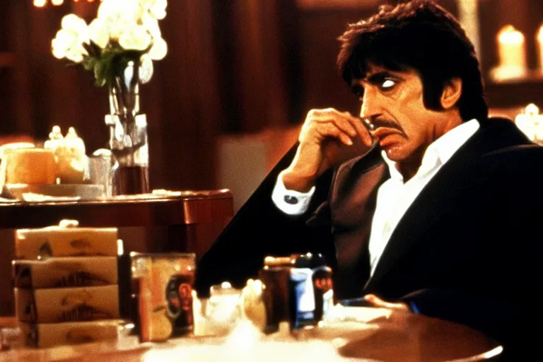 Image similar to tony montana from movie scarface 1 9 8 3 sitting behind a big black oak table with big large packages of flour. long shot. al pacino. perfect symmetric face, coherent eyes, fine details, 4 k, ron cobb. last scene from scarface movie