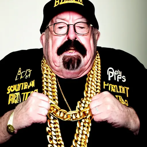 Prompt: dslr portrait photo still of!!! wilfred brimley!!! as a gangsta rapper with gold chains and gold teeth grills growling at camera!!! holding up his hand to show off his large ornate rings!!!, 8 k, 8 5 mm f 1. 8