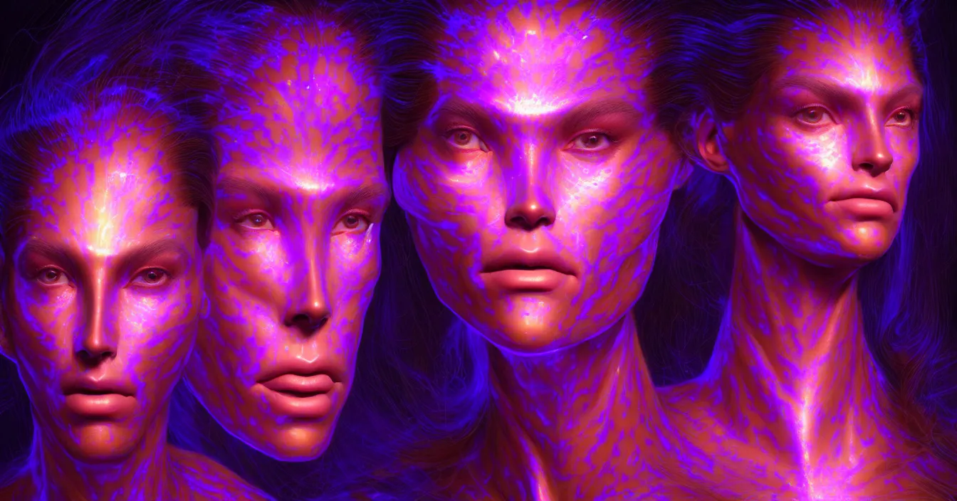 Image similar to beauty young woman with detailed faces in tesseracts of alien artifacts, mechanical holographic case display, 80s Total Recall tech, ultrarealistic, dramatic lighting, electrical details, high details, 4k, 8k, best, accurate, trending on artstation, artstation, photorealism, , digital painting, style of Wayne barlowe and Boris Vallejo and Peter Mohrbacher