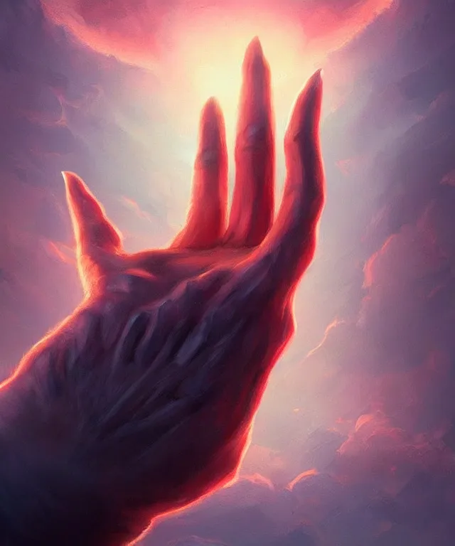 Prompt: a giant hand emerging from a portal in the sky, epic scale, in the art style of robbie trovino, artstation, instagram, sharp focus, digital illustration, crisp 8 k lineart, surrealism