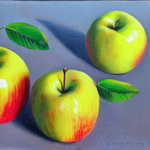 Image similar to apples with human mouths, smiling, oil painting