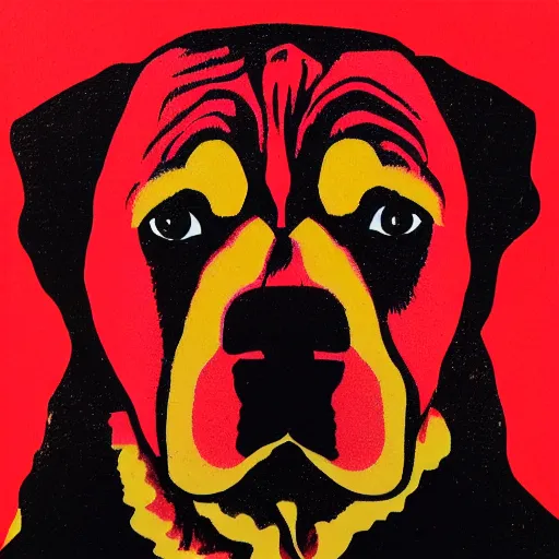 Prompt: portrait of a dog that looks like Karl Marx in front of a red background
