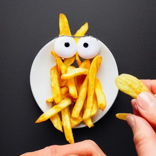 Image similar to photo of [ a single salted french fry chip ] shaped like that looks like stephen fry as a pixar character hybrid intercross mix cinematic lighting