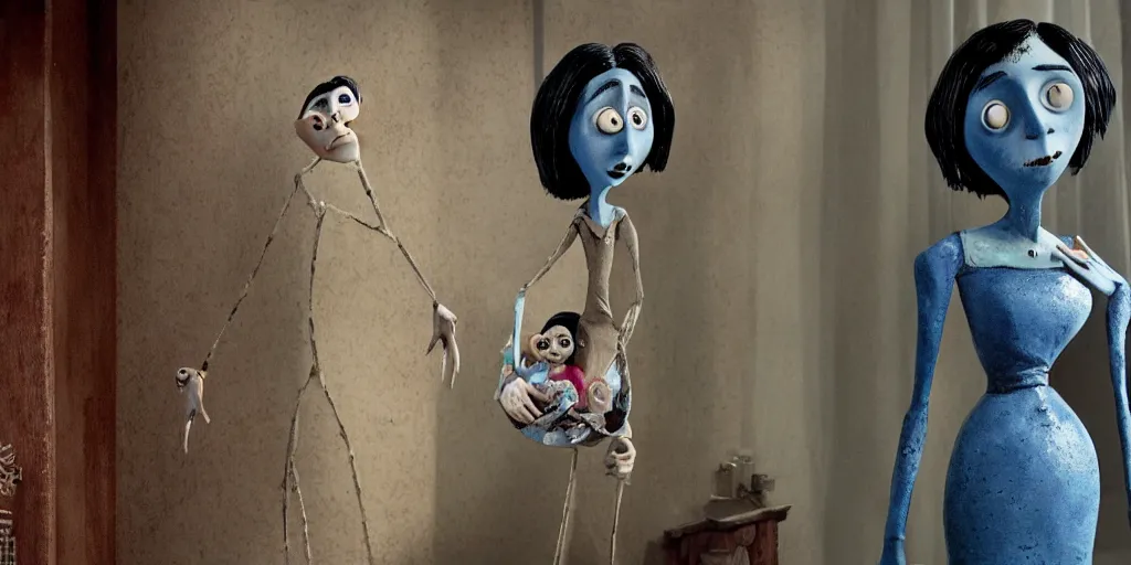 Image similar to the'other mother'from'coraline ', full body, eva longoria, pose, stop frame animation, full figured, detailed, neil gainman