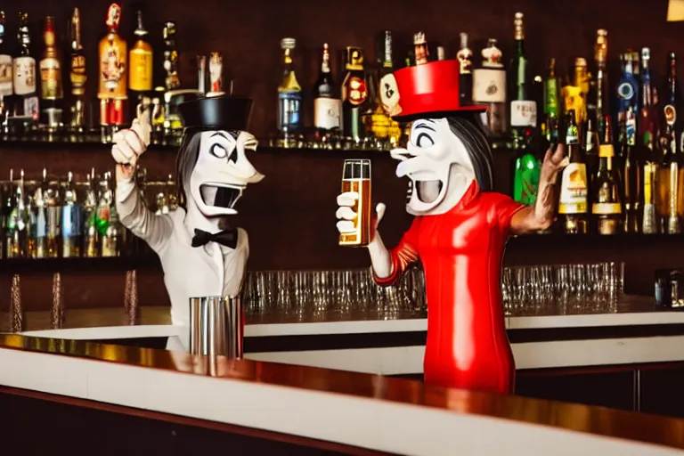 Prompt: a anthropomorphic bottle of beer stands in front of a bar yelling at the bar tender