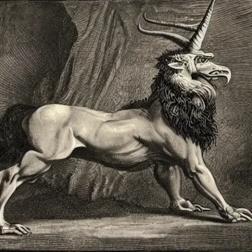 Image similar to a creature with the body and eyes of a man, with the beak of an eagle, the mane of a lion, and the horns of an ox. drawn by francis bacon