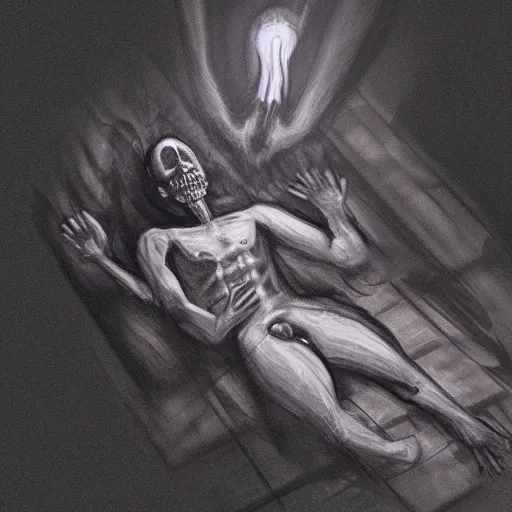 Image similar to sketch dark dead body scene smoke light