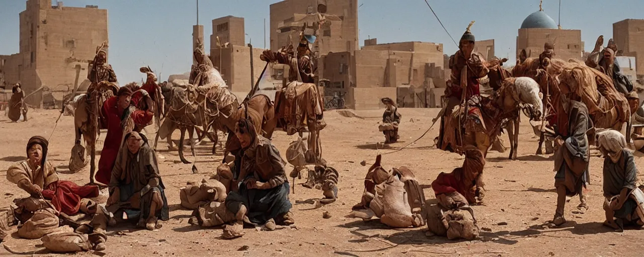 Prompt: the mongols capturing baghdad with spaghetti, small details, intricate, 5 0 mm, cinematic lighting, photography, wes anderson, film, kodachrome