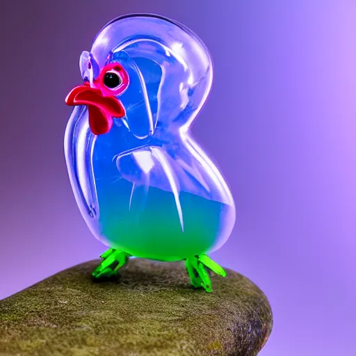 Prompt: photo of a translucent clear chibi style chicken with symmetrical head and eyes, made out of clear plastic, but has purple hypercolor glowing electric energy inside its body, and electricity flowing around the body. in the forest. fantasy magic style. highly detailed 8 k. intricate. nikon d 8 5 0 3 0 0 mm. award winning photography. design by pixar