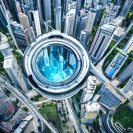 Image similar to professional photo from bird view of portal to another dimension inside a city, ultra detailed, realistic, 4 k, computer art, dslr photo