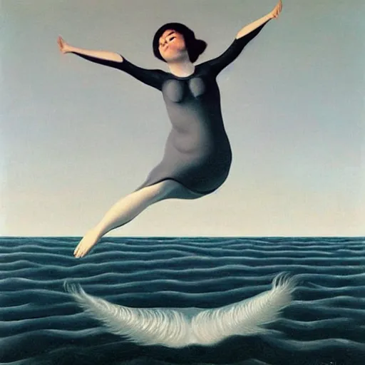 Image similar to very detailed, beautiful painting of bjork levitating above the wavy ocean into a gray sky. shaded. art by rene magritte, 1 9 2 7. oil on canvas.