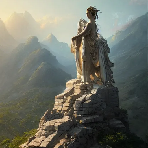 Image similar to Beautiful cinematic scene of a gigantic marble statue of a goddess on top of a mountain, epic, megalophobia, cinematic lighting, insanely detailed, painting by Greg Rutkowski, Artstation