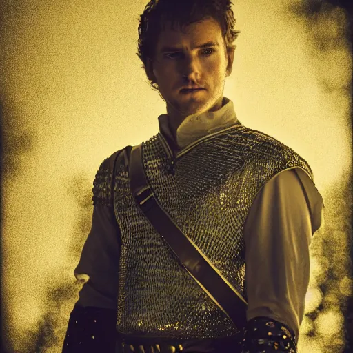 Prompt: sad prince charming in chainmail, medium portrait shot, portrait, cinematic, moody light, fairytale style.