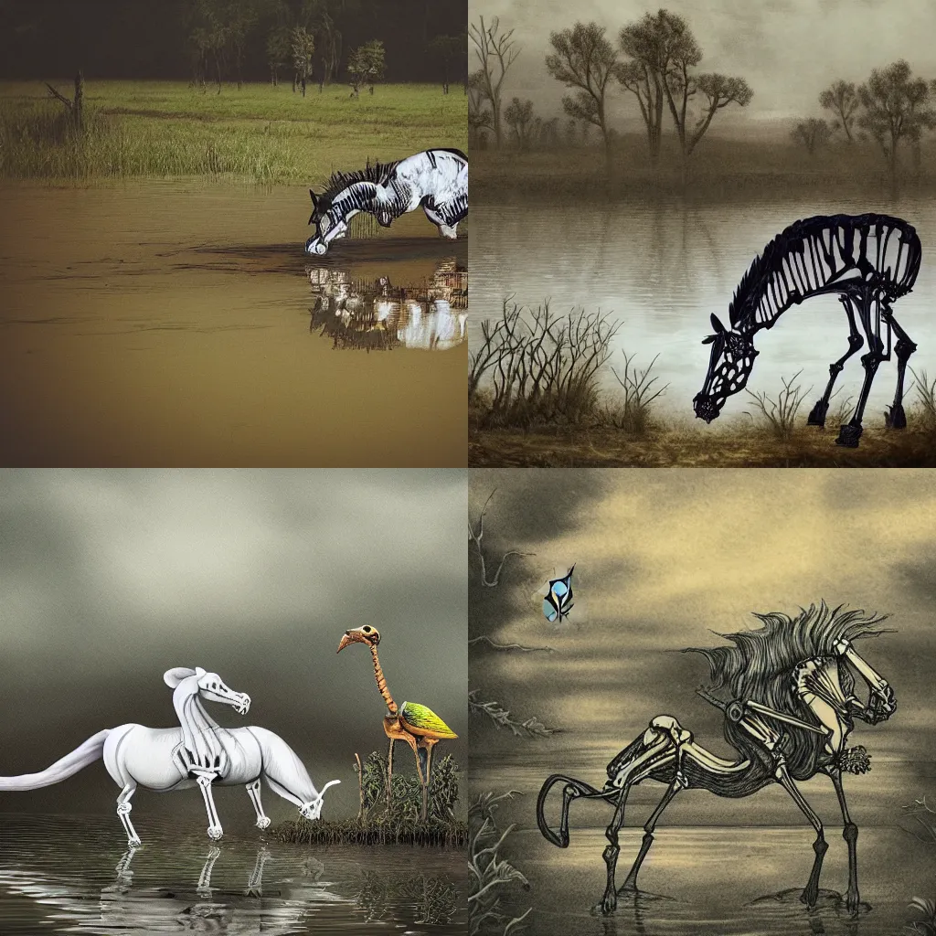Prompt: skeleton horse swimming in a swamp with a bird eating a house