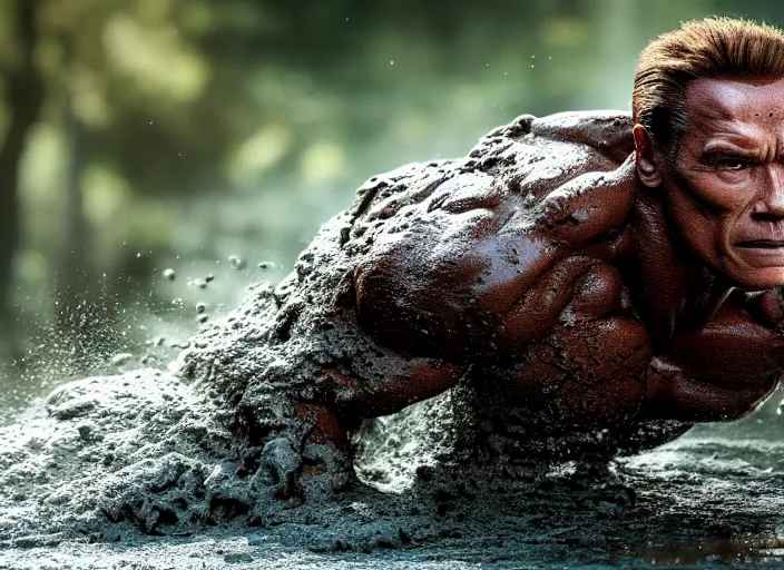 Image similar to photo of schwarzenegger waterbending mud at predator. highly detailed 8 k. intricate. lifelike. soft light. sony a 7 r iv 5 5 mm. cinematic post - processing