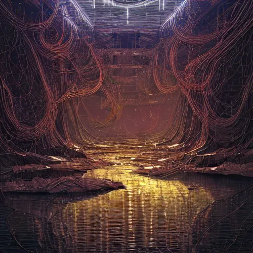 Prompt: sentient cyberpunk river by jeffrey smith and wlop and gustave dore, featuring rhodium wires, circuitry, code, binary, cryptonomicon, dmt entity, ambient occlusion, 3 d concept render, scientifically accurate, artstation, intricate, beautiful, look at that detail!