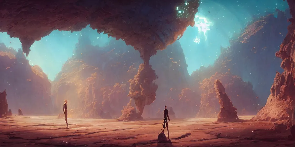 Image similar to a gleaming crystal archipelago, dry, salty, stephen bliss, unreal engine, illustration, fantasy art by greg rutkowski, loish, rhads, ferdinand knab, makoto shinkai and lois van baarle, ilya kuvshinov, rossdraws, tom bagshaw, global illumination, radiant light, detailed and intricate environment