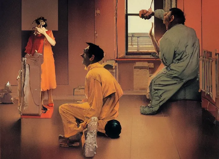 Image similar to a still from the movie one flew over the cuckoo's nest by francis bacon and norman rockwell and james jean, and mark brooks, triadic color scheme, by greg rutkowski, syd mead and edward hopper and norman rockwell and beksinski, dark surrealism, orange and turquoise