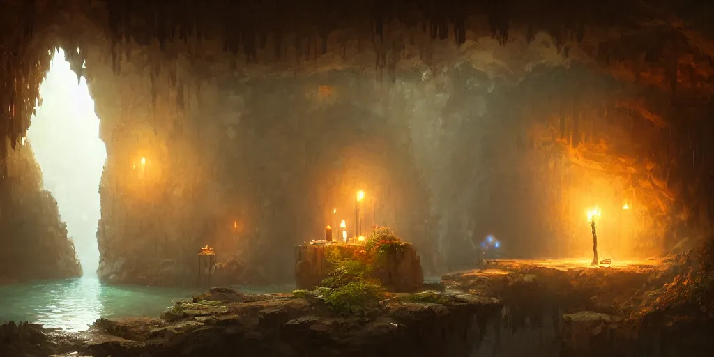 Image similar to cozy, empty bathhouse hidden in a cave, small, colorful, candlelight, towels, cushions, natural light, lush plants and flowers, elegant, smooth cave rock, fantasy, atmospheric lighting, digital painting, Greg Rutkowski, concept art