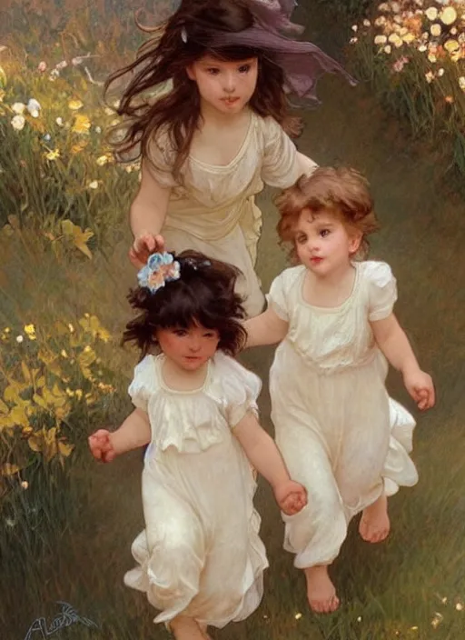 Prompt: a cute little girl with a round cherubic face, blue eyes, and short wavy light brown hair holding hands with her brother and running. beautiful painting by artgerm and greg rutkowski and alphonse mucha